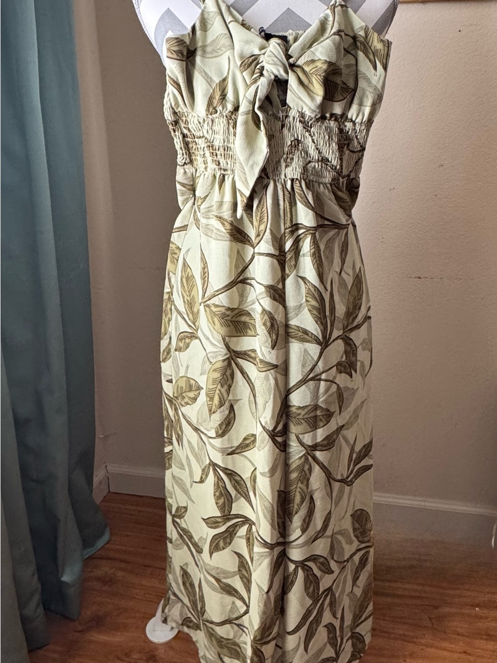 Arden B Sage Green Leaf-Print Strapless Maxi Dress
